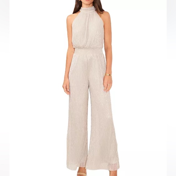 Vince Camuto Women's Sleeveless Tie Halter Metallic Silver Jumpsuit XL - Picture 1 of 5